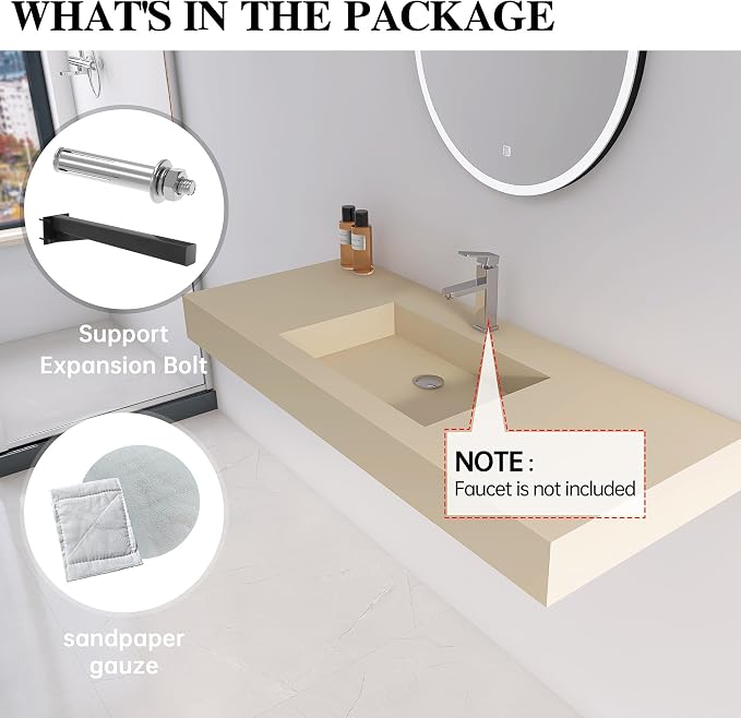 47"X19" Bathroom Sink with Single Faucet Hole, Stone Resin Wall-Mount or Countertop Vessel Sink, Rectangle Solid Surface Floating Sink with Mounting Screws, Latte Color