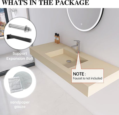 47"X19" Bathroom Sink with Single Faucet Hole, Stone Resin Wall-Mount or Countertop Vessel Sink, Rectangle Solid Surface Floating Sink with Mounting Screws, Latte Color