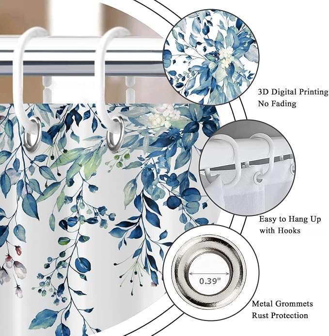 Eucalyptus Shower Curtain, Watercolor Blue Leaves on The Top Plant with Floral Bathroom Curtain Bathtub Home Decor Waterproof Fabric Machine Washable with 12 Hooks