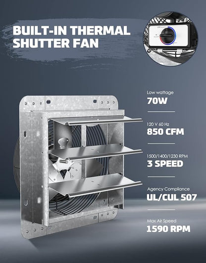 iLiving ILG8SF10V-T, 10 inch Shutter Exhaust Attic Garage Grow, Ventilation Fan with 3 Speed Thermostat 6 Foot Long 3 Plugs Cord, 10" - Variable, 600 CFM, 900 SQF Coverage Area, Silver