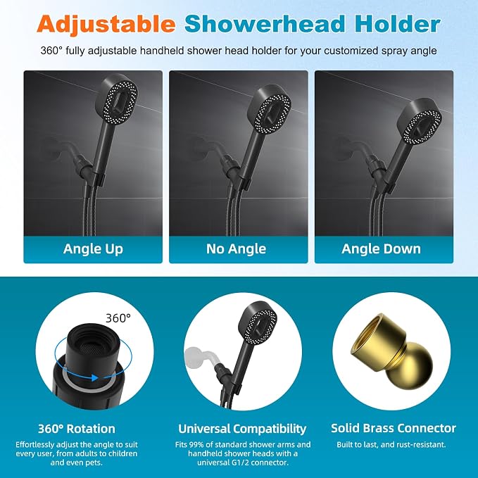Hibbent Filtered Handheld Showerhead with 3 Filters, 5 Sprays Shower Head | Black High Pressure Shower Heads, Brass Holder & 71" Metal Hose, Water Soft Filter Remove Chlorine, Reduce Dry Itchy Skin