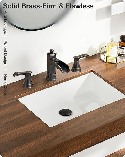 4-16 Inch Oil Rubbed Bronze Waterfall Bathroom Faucet 3 Hole, Brass Bathroom Sink Faucet 2 Handles Widespread with Pop-up Drain & cUPC Supply Hoses for Vanity, Lavatory, Restroom, Farmhouse