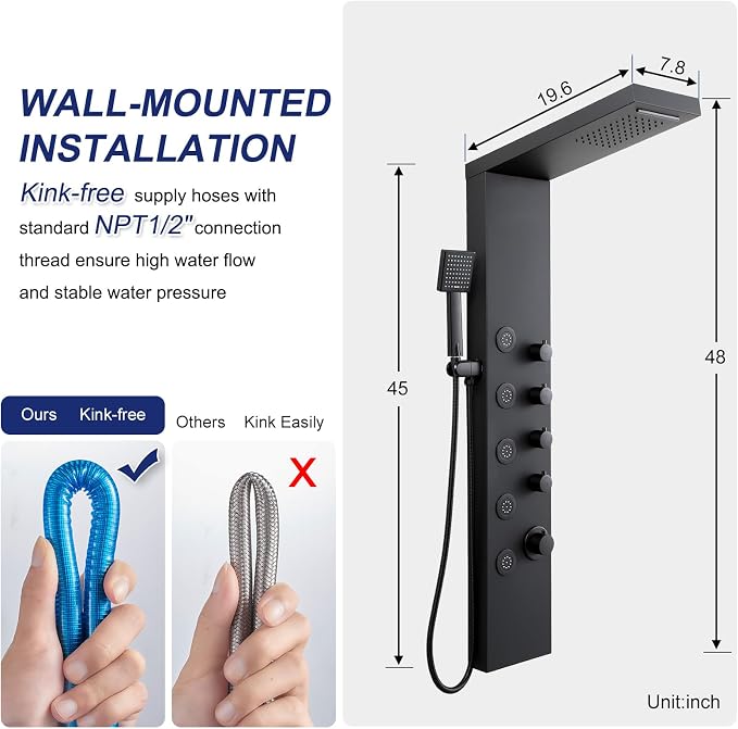 ROVATE 4-in-1 Rainfall Waterfall Shower Panel Tower System, Matte Black | Shower Column with Body Massage Jets and Handheld, Stainless Steel High Pressure, Use Multiple Functions Simultaneously