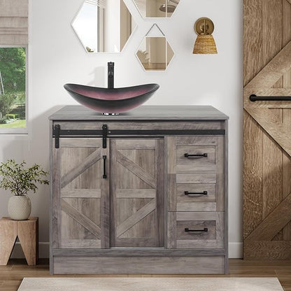 36 Inch Barn Door Bathroom Vanity, Farmhouse Style Standing Pedestal Cabinet with Pink Boat Glass Vessel Sink