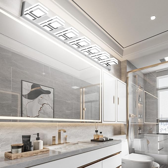 Ralbay 46inch Modern LED Vanity Light Chrome 7 Lights Bathroom Light Fixtures Acrylic Up and Down Bathroom Wall Mounted Lighting Over Long Mirror