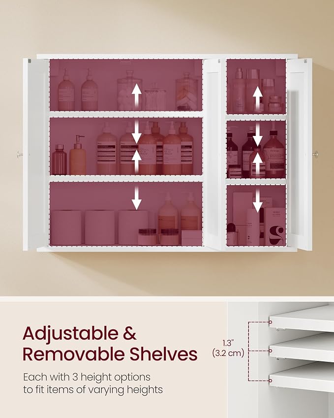 VASAGLE SIREN Collection Bathroom Wall Cabinet, Hanging Storage | Bathroom storage cabinet, for medicines, farmhouse, 4 adjustable shelves, 7.9 x 31.5 x 23.6 Inches