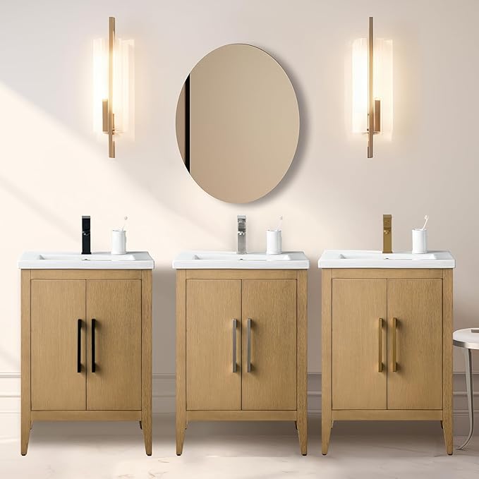 Vanity Art 24 inch Bathroom Vanity with Single Sink & Ceramic Top, Vanity Cabinet with Soft-Closing Doors, Solid Wood Frame, Natural Oak, VA9024-NO-BN1