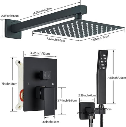 Shower Faucet Matte Black Shower System with 8 Inches Rain Shower Head and Handheld Spray Bathroom Luxury Rain Shower Faucet Set Complete Wall Mounted