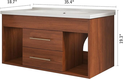 36" Floating Bathroom Vanity with Single Sink, Modern Wall Mounted Bathroom Vanities with Ceramic Basin, Wood Bathroom Vanity Cabinet with 2 Drawers and 2 Open Cabinets, Walnut