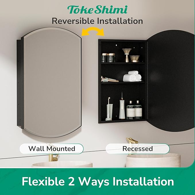 TokeShimi 20x30 Black Mirror Medicine Cabinet Recessed Oval Beveled Mirror with Storage Bathroom, Metal Arched Medicine Cabinet with Mirror Wall Mount Farmhouse
