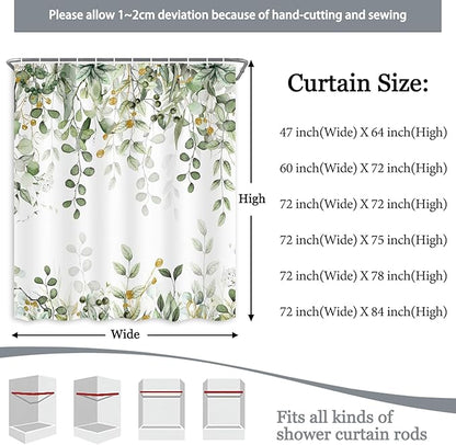 Sage Green Eucalyptus Botanical Narrow Shower Curtain, Watercolor Plants Foliage Floral Bathroom Decor, Cottagecore Waterproof Fabric Small Stall Shower Curtain Set with Hooks 47X64 Inch