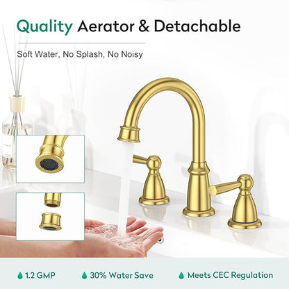 CREA Gold Bathroom Faucet 3 Hole,2 Handles 8 Inch Widespread Bathroom Faucets with Drain,360°Swivel 3 Pieces Brushed Gold Faucet for Bathroom Vanity Basin Mixer Tap(cPUC Supply Line)