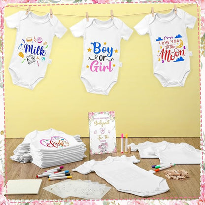 Panitay 126 Pcs Baby Shower DIY Bodysuit Set Bib 25 Blank White Newborn Bodysuit 25 Stencils 24 Marker 1 Sign 50 Pins(Pink Elephant)