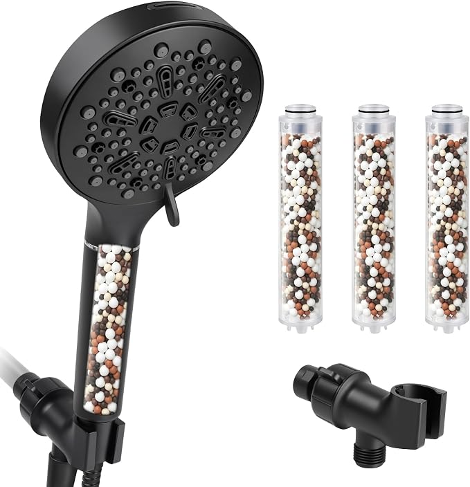 High Pressure Filtered Shower Head with 3-PCS Filters,7-Spray Modes | Filtered Shower Head with Handheld for Hard Water,5" High Pressure Shower Head, Built-in Power Jets Shower Heads, Black