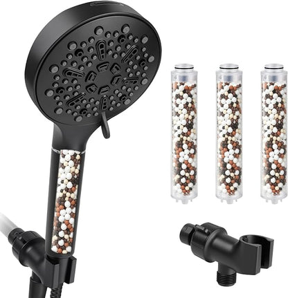 High Pressure Filtered Shower Head with 3-PCS Filters,7-Spray Modes | Filtered Shower Head with Handheld for Hard Water,5" High Pressure Shower Head, Built-in Power Jets Shower Heads, Black