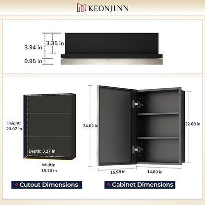Keonjinn 16" x 24" Medicine Cabinets with Mirror for Bathroom, Brushed Nickel Recessed or Surface Wall-Mounted Aluminum Alloy Framed Beveled Mirror, Farmhouse Bathroom Mirror with Storage Cabinet