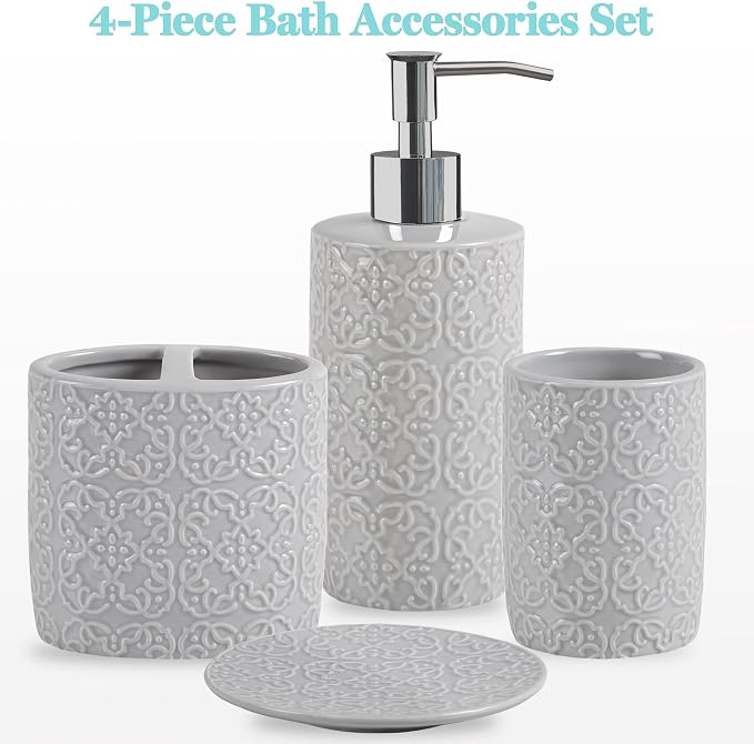 Martha Stewart Tara Bath Accessory Set Medallion, Grey | Coordinated Look for Bathroom, OEKO-TEX Certified