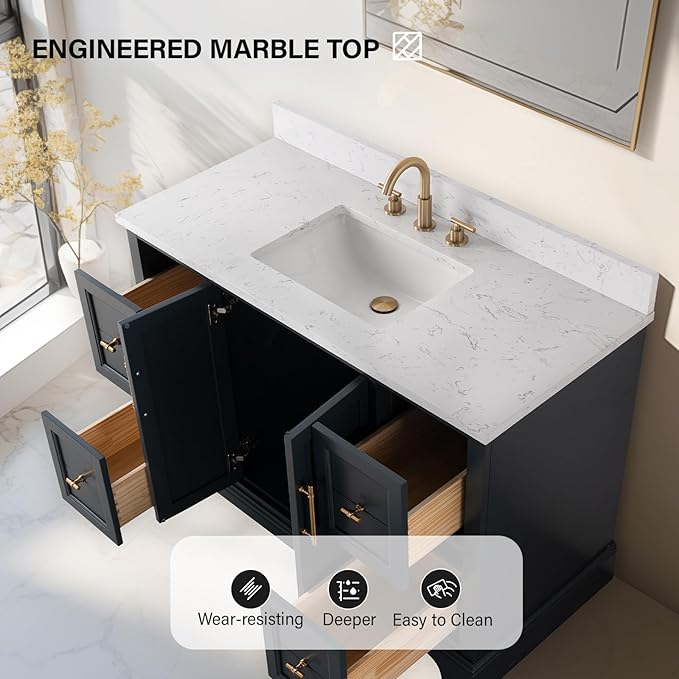 HOMEBEYOND 48 Inch Bathroom Vanity with Single Sink & Ceramic Top, Vanity Cabinet with Center Countertop Basin, Soft-Closing Doors, Backsplash, Vintage Spruce Blue