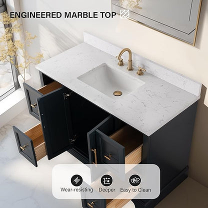 HOMEBEYOND 48 Inch Bathroom Vanity with Single Sink & Ceramic Top, Vanity Cabinet with Center Countertop Basin, Soft-Closing Doors, Backsplash, Vintage Spruce Blue