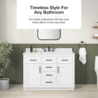 OVE Decors Bailey 48 in. Single Sink Freestanding White Bathroom Vanity with White Quartz Top, Matching Backsplash, Power Bar and Matte Black Hardware