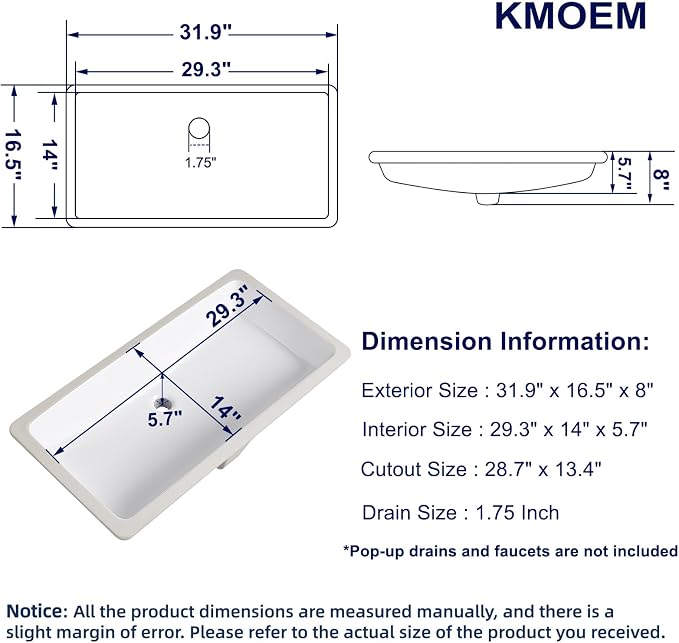 Undermount Bathroom Sink 32x17 Inch Small Bathroom Sink White Porcelain Ceramic Bathroom Under Counter Lavatory Vanity Sink Basin Rectangular Undermount Sinks with Overflow