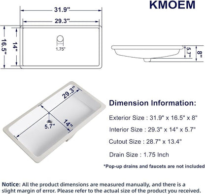 Undermount Bathroom Sink 32x17 Inch Small Bathroom Sink White Porcelain Ceramic Bathroom Under Counter Lavatory Vanity Sink Basin Rectangular Undermount Sinks with Overflow