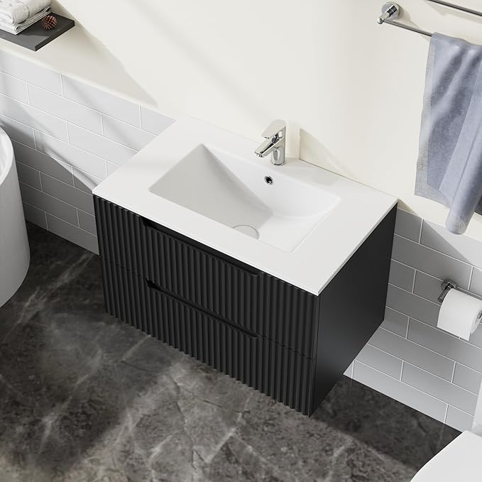 30 inch Wall Mounted Bathroom Vanity with Sink Floating Bathroom Cabinet Sink Combo, Soft-Close System, 2 Extra Big Drawers, Black