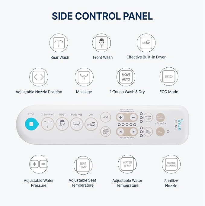 Inus N22 Electric Heated Bidet Toilet Seat Elongated, Warm Water, Smart Heated Water Luxury Bidet Toilet Seat with Kids Mode, Air Dryer, Self Cleaning, Tankless, Smart Touch Panel & Temp Control