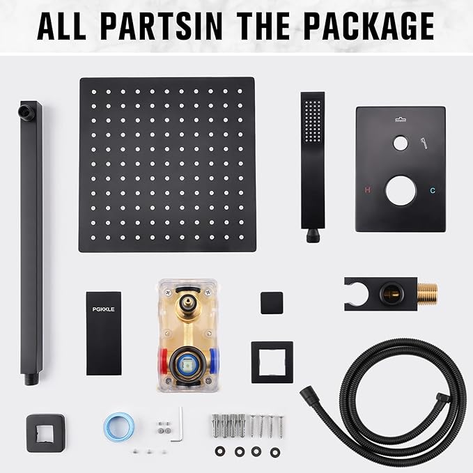 12 Inch Rainfall Shower System - Wall Mounted Complete Combo with Solid Brass Pressure Balancing Valve, High Pressure Shower Head, Handle Set & Installation Accessories Matte Black