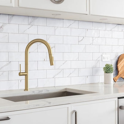 StyloVue 100 Pieces Peel and Stick Backsplash for Kitchen, 3" x 6" PVC Subway Tile 2026 Upgraded Glossy White Marble with White Grout Backsplash Stick on Tile Elevate Kitchen Fireplace RV