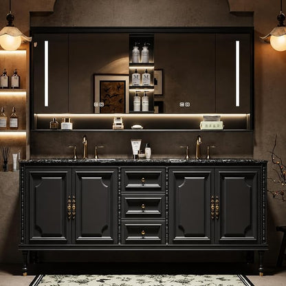 88 in Double Bathroom Vanity with Sinks - Modern Floating Bathroom Vanity with Solid Wood Cabinet, Anti-Fog Mirror and Integrated Stone Sinks | Wall Mounted Design | Ample Storage