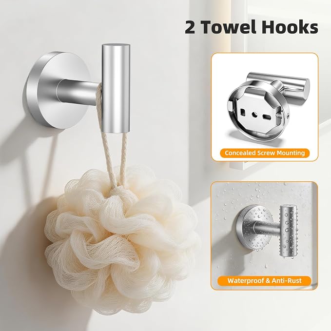 Brushed Nickel 5-Piece Bathroom Hardware Set, 23.6 Inch Towel Bar Set SUS304 Stainless Steel Towel Racks Round Towel Bar, Towel Ring, Toilet Paper Holder, 2 Robe Hooks, Wall Mounted