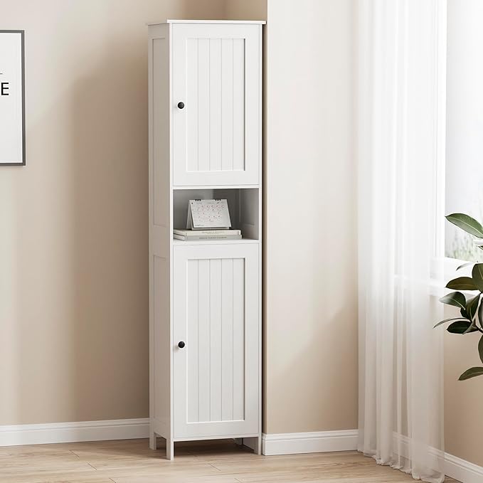 Tall Bathroom Storage Cabinet with 2 Doors, 67"H Narrow Storage Cabinet with Adjustable Shelves& Anti-Tip Design, Reversible Door Installation, Easy Assembly, 11.8 x 15.7 x 66.9 Inches, White