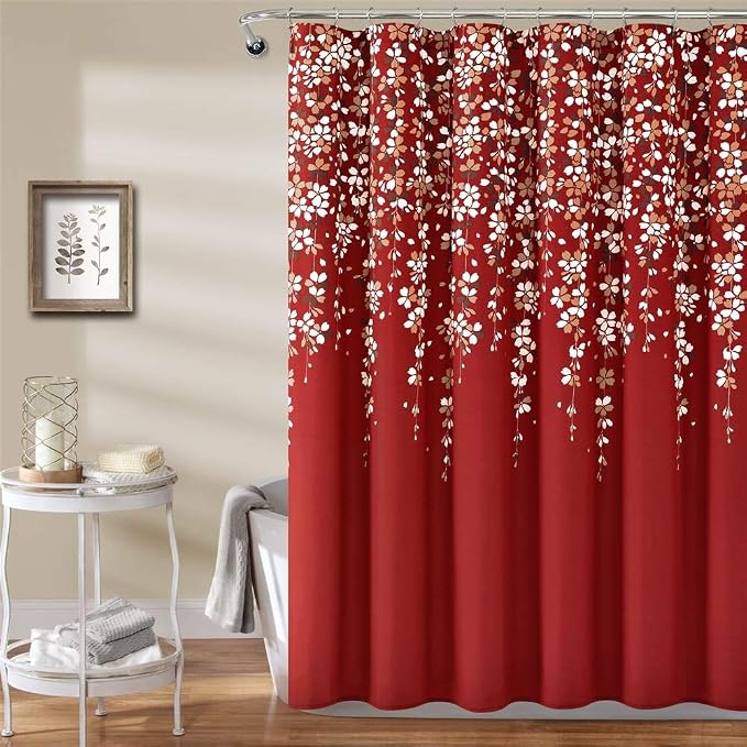 Lush Decor Weeping Flower Shower Curtain 72"W x 72"L Red - Fabric Shower Curtains for Bathroom - Floral Bathroom Curtain - Cottage Core Decor