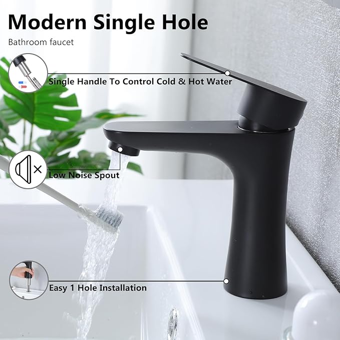 VAPSINT Black Bathroom Faucet 1 Hole, Matte Black Single Handle Bathroom Sink Faucet, Single Hole Stainless Steel Modern Vanity Faucets for Vessel RV with Water Supply Hoses and Pop Up Drain
