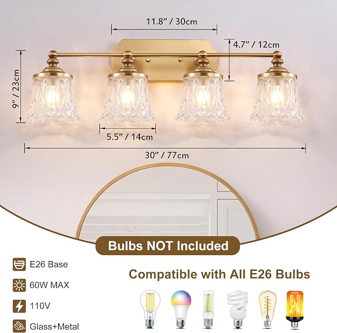 Vintage 4-Light Gold Bathroom Vanity Light, Crystal Glass Shade | Antique Style, Brushed Gold Finish, Rust-resistant Metal, E26 Base, Over Mirror Wall Lighting for Bathroom Restroom