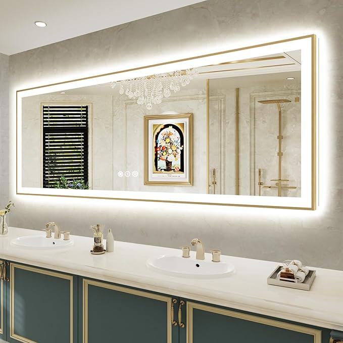 84x32 Inch LED Bathroom Mirror with Lights (Front Lit and Backlit) Gold Framed Lighted Vanity Mirror for Bathroom Wall Dimmable Anti-Fog Memory Tempered Glass Horizontal/Vertical