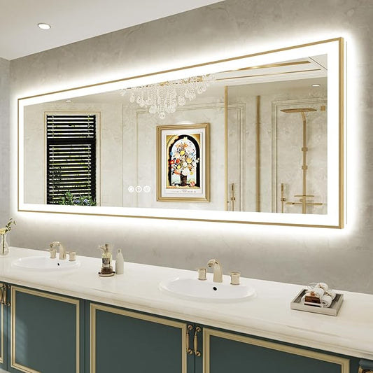 84x32 Inch LED Bathroom Mirror with Lights (Front Lit and Backlit) Gold Framed Lighted Vanity Mirror for Bathroom Wall Dimmable Anti-Fog Memory Tempered Glass Horizontal/Vertical