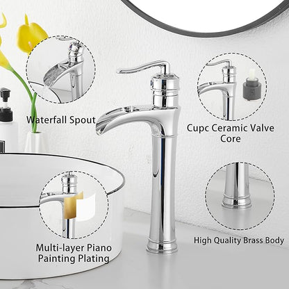 Chrome Bathroom Faucet GGStudy Waterfall Bathroom Faucet Single Handle One Hole Tall Body Farmhouse Bathroom Vessel Sink Faucet Vanity Faucet Matching with Pop Up Drain