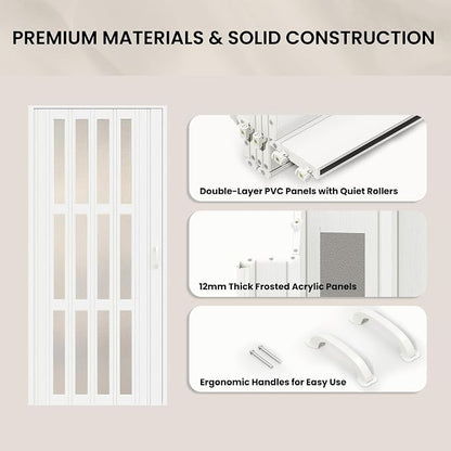 SmartStandard 48" x 80" Accordion Doors with Frosted Acrylic Glass, White | Save Space, Full-Side Magnetic Strip, Double-Layer PVC Accordion Doors Interior for Doorway Closet, Easy to Assemble