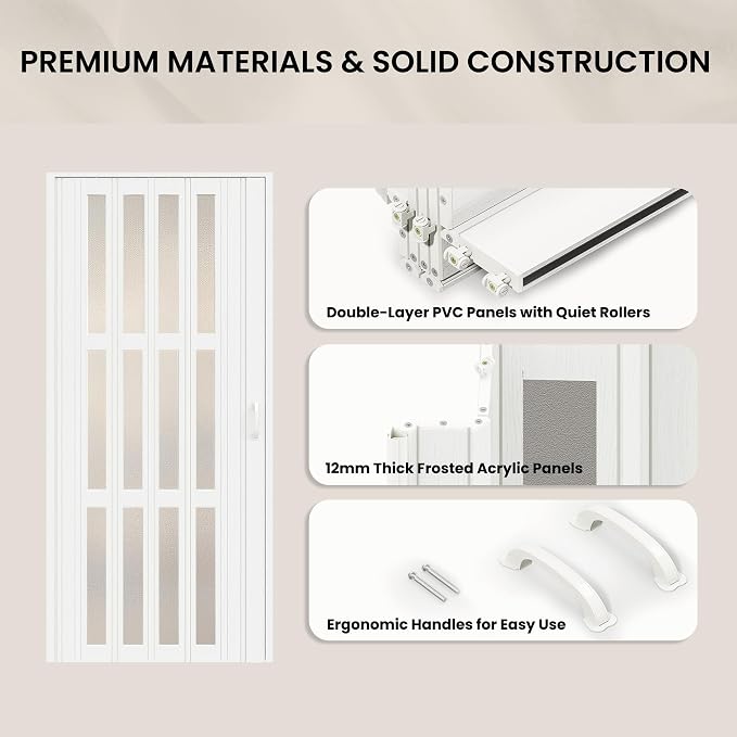 SmartStandard 32X80in Accordion Doors with Frosted Acrylic Glass, White | Save Space, Full-Side Magnetic Strip, Double-Layer PVC Accordion Doors Interior for Doorway Closet, Easy to Assemble