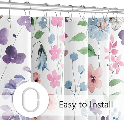Colorful Floral Shower Curtain, Pink Green Blue Flower Fabric Shower Curtain for Bathroom, Cute Wildflower Butterfly Cloth Shower Curtain Set with Hooks, 72x72
