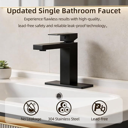 Black Bathroom Faucet, SUS304 Stainless Steel Lead-Free | Vanity Faucet with Deck Plate & Pop-Up Drain, Single/3 Hole Installation, for Farmhouse,Bathroom Sink,Vanity, Washbasin, RV,