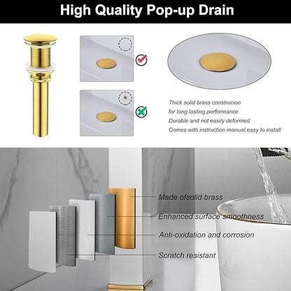 White Gold Faucet Bathroom Vessel Sink Golden Waterfall Spout Faucet Single Handle Bowl Sink Faucet Modern Single Hole Basin Vanity Tall Bathroom Sink Faucet with Pop Up Drain Stopper Supply Hose