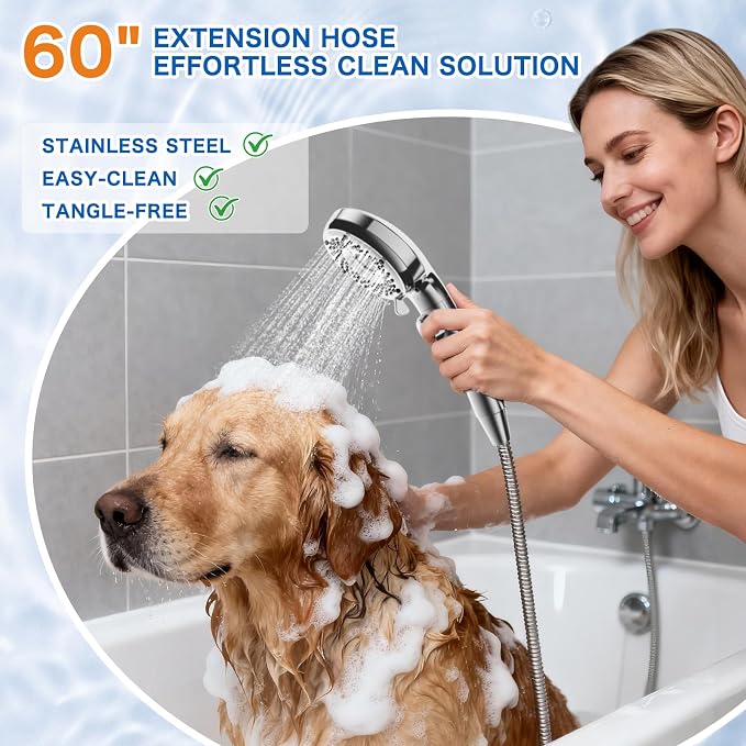 Shower Head with Handheld with 5 Spray Modes and Detachable Power Wash, High Pressure Shower Head with ON/OFF Switch for Pets, Clean Tub, Shower Heads with Stainless Steel Hose