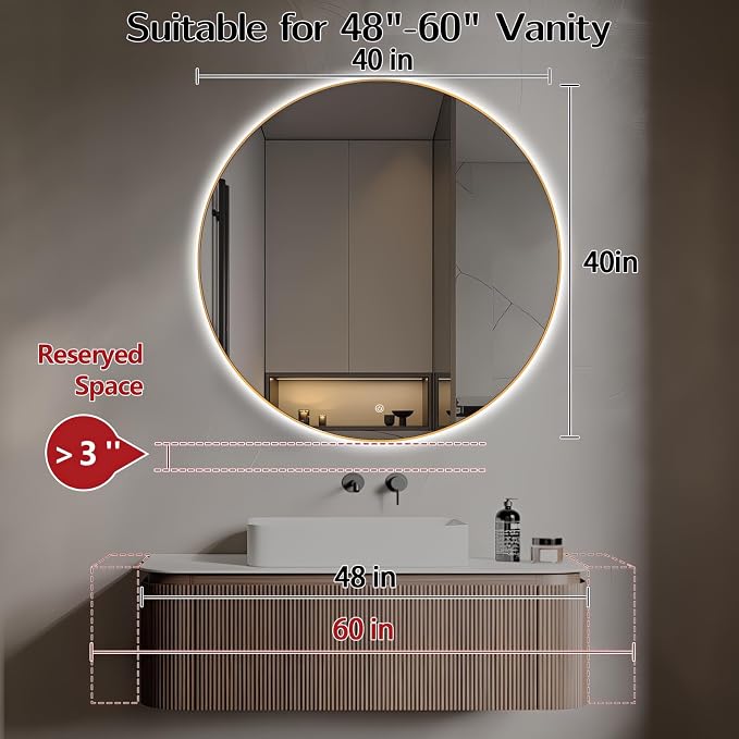 Niccy Round LED Bathroom Mirrors, Gold Framed Backlit Vanity Mirror, 40" | LED Smart Circle Mirror with 3 Color Lighting, Anti-Fog Lighted, IP65 Waterproof, Wall Mounted Bathroom Vanity