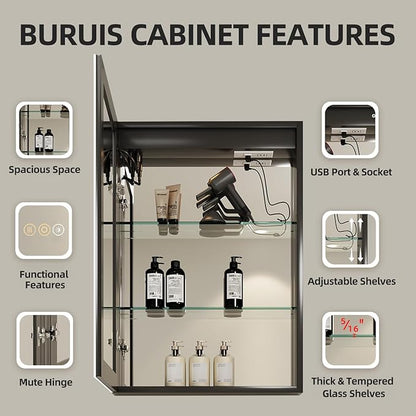 Buruis 24 x 30 Inch Medicine Cabinet with LED Lights and Mirror, Recessed/Wall Mounted Bathroom Cabinet, 3-Color Light, Defogger, Memory Function, Outlet & USB, Dimmer, Black