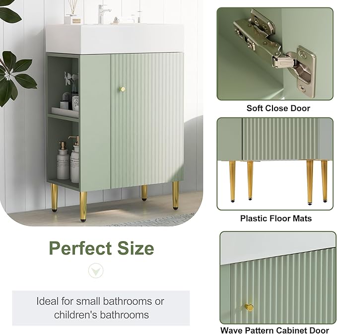 Merax 21.6" Bathroom Vanity, 21.6 Inch Freestanding Bathroom Vanity with Sink, Modern Vanity Floor Standing with 1 Door and White Ceramic Basin Sink Top, Green
