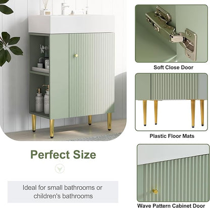 Merax 21.6" Bathroom Vanity, 21.6 Inch Freestanding Bathroom Vanity with Sink, Modern Vanity Floor Standing with 1 Door and White Ceramic Basin Sink Top, Green