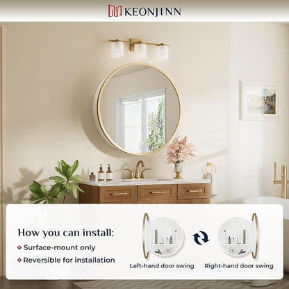 Keonjinn 20x20 in Round Medicine Cabinet Mirror for Bathroom, Wall Mounted | Gold Medicine Cabinet Mirror, Shatter-proof, Rust Resistant, Adjustable Shelves, Smooth Piano Hinge, Magnetic Door Bumpers